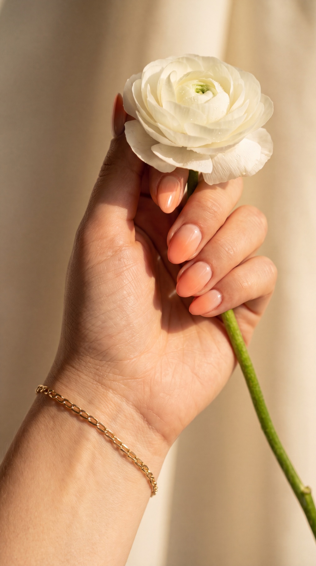 Hand mit weißer Ranunkel und feinem Gold-Bracelet