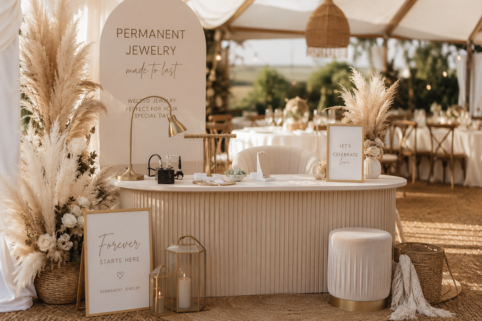 Permanent Jewelry Event-Stand mit elegant präsentiertem Schmuck