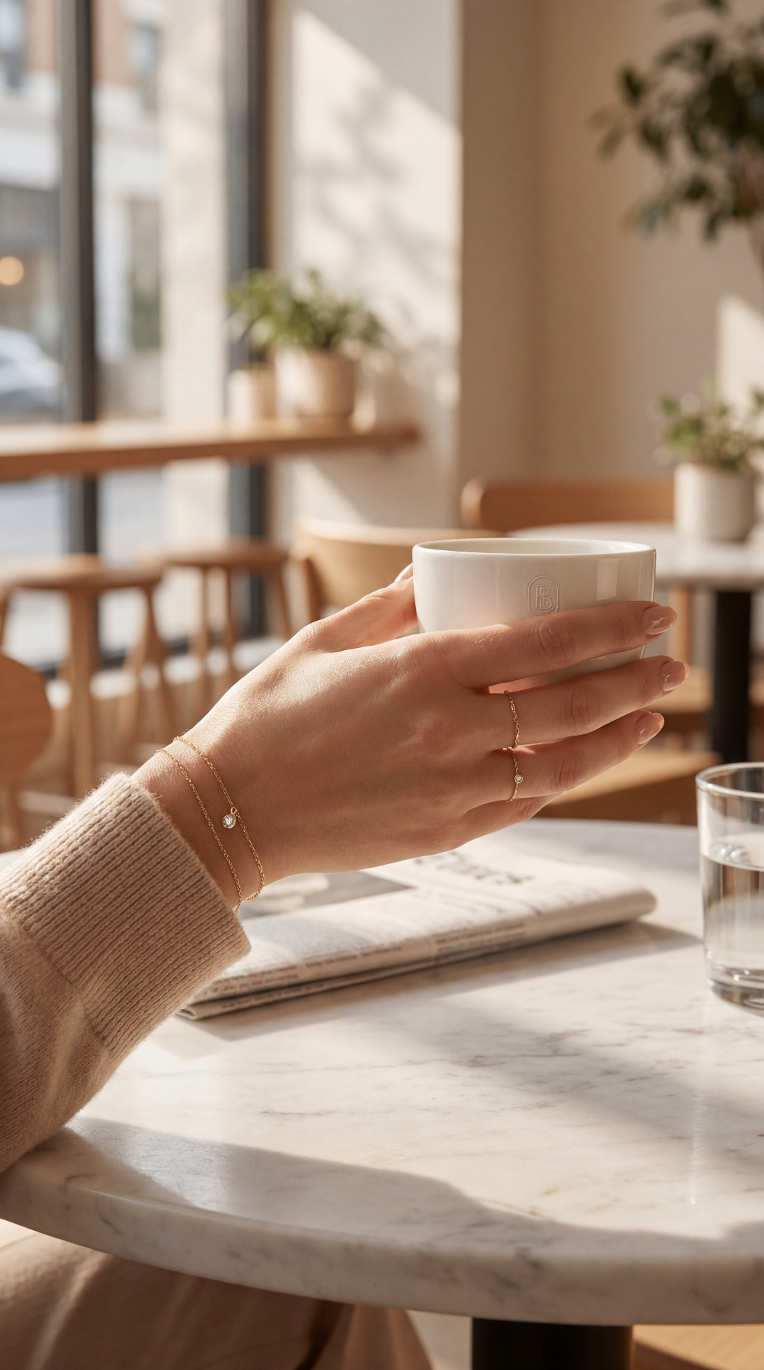 Frau mit Kaffeetasse trägt Gold-Bracelet und Ringe mit Zirkonia
