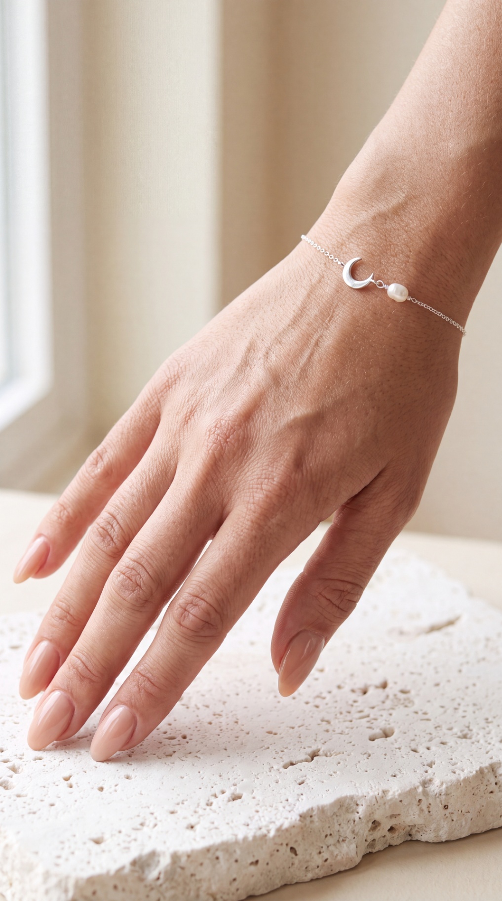 Silberkette mit Mond-Charm und Süßwasserperle am Handgelenk