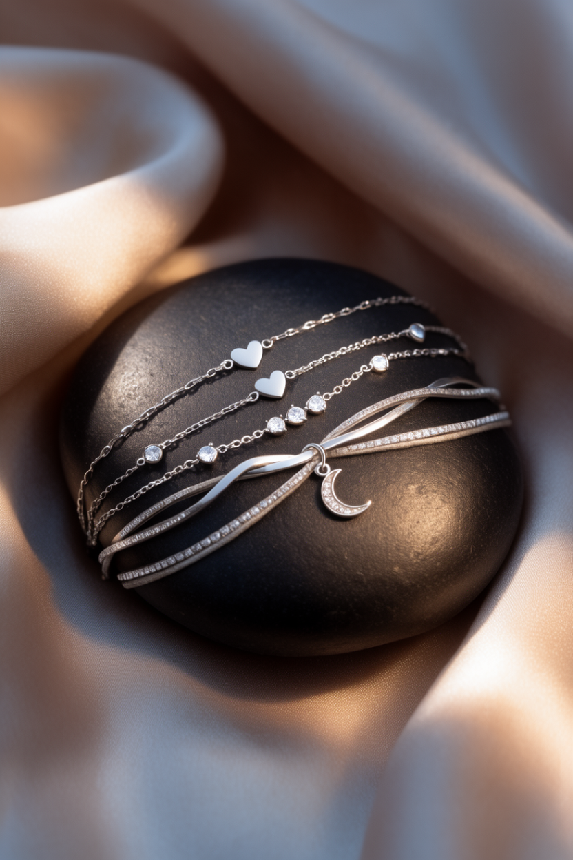 Silberne Armkettchen mit Herz- und Mond-Charms auf dunklem Stein